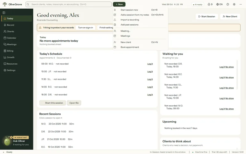 Olive Grove’s New menu open from the header: Start session now, Add a session from my notes, Import a recording, Add past sessions, a meeting, a new client and Book appointment.