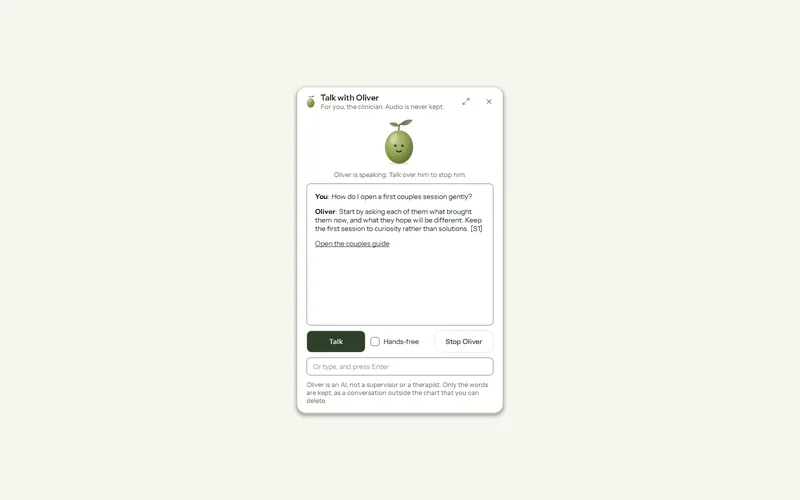 Olive Grove’s Talk with Oliver window: Oliver speaking, a question about opening a first couples session gently and his answer with a source, and the Talk, Hands-free and Stop Oliver controls.
