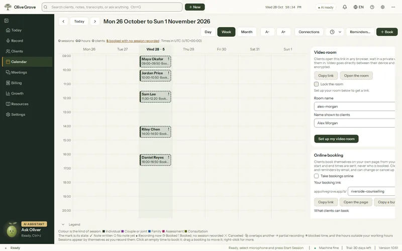 Olive Grove’s Calendar with Connections open on the Video room: the room name, the name shown to clients, Lock the room and Set up my video room, beside a week of fictional appointments.