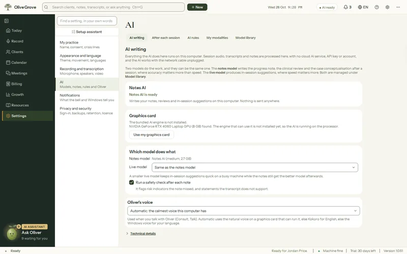 Olive Grove’s Settings, AI writing: the Notes AI card saying Notes AI is ready, the Graphics card card with Use my graphics card, and which model does what.