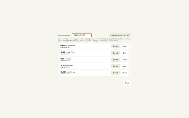Olive Grove’s reminders window for today’s fictional appointments: each reminder opens in your own email program, with Email and Copy beside each client and Open all reminders.