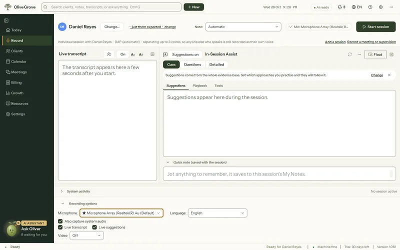 Olive Grove’s Record page for the fictional client Daniel Reyes with Recording options open: the microphone list highlighted, the language, Also capture system audio and Live transcript.