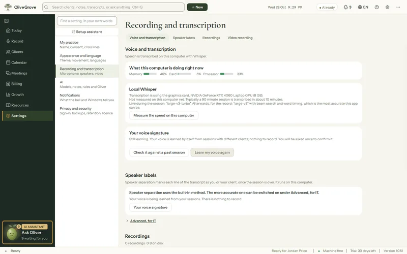 Olive Grove’s Settings, Voice and transcription: What this computer is doing right now shows memory, graphics card and processor use, with Measure the speed on this computer below.
