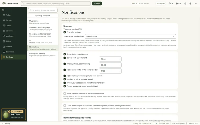 Olive Grove’s Settings, Notifications: Updates at the top, with this copy’s version, Check for updates and what to do when a new version is out, above the desktop notifications.