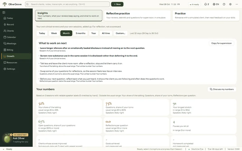 La page Aperçus pour une période choisie : des indicateurs avec leurs plages saines, les forces et les axes de progrès avec les éléments à l’appui, et ce sur quoi travailler ensuite.