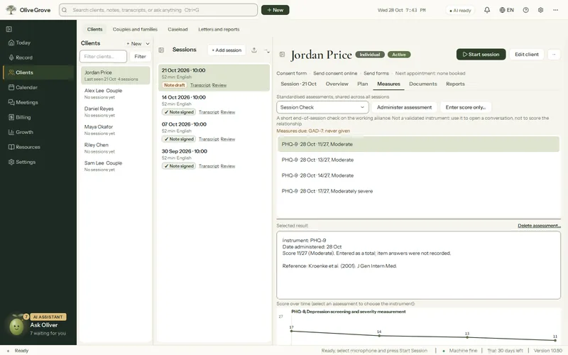 The Measures tab in Olive Grove for a fictional client: PHQ-9 results listed with their dates and severity, and a chart of the scores over time.