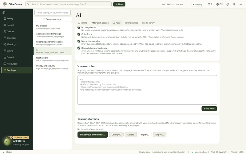 Settings, AI rules, in Olive Grove: house rules applied to every note, such as point form and naming the approach, your own rules in plain words, and Your note formats, where you make, import or export formats beside DAP, SOAP, BIRP and GIRP.