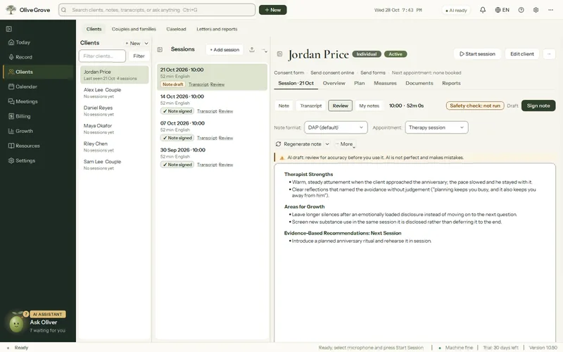 The Review tab for a fictional client’s session in Olive Grove: the AI’s draft review of the session, with the therapist’s strengths, areas to grow and recommendations for the next session, for the clinician to read and correct.