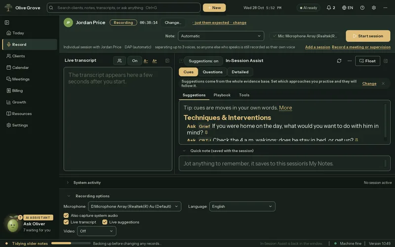 The Record page during a session with a fictional client: the recording time at the top, the live transcript panel, and In-Session Assist beside it with short cues from the approach in use.