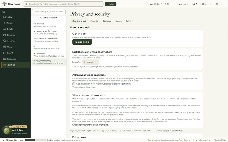 Settings, Privacy and security, open on Sign-in and lock: whether the app asks you to sign in, when the screen locks, and tabs for encryption, backups, the licence and activity.